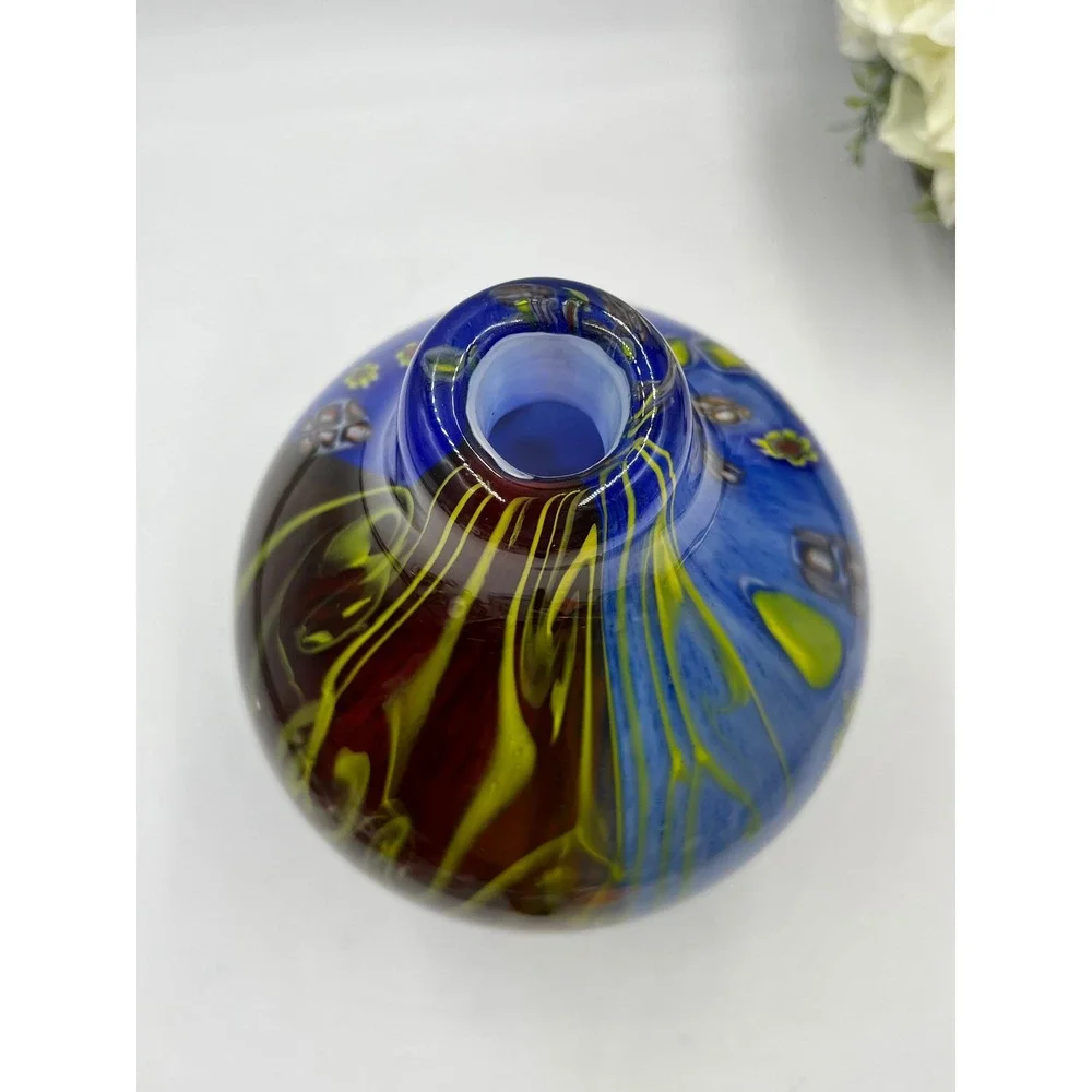 Heavy Vintage Murano Style Millefiori Art Glass Vase Blue Bulb Hand Blown >5 Ibs